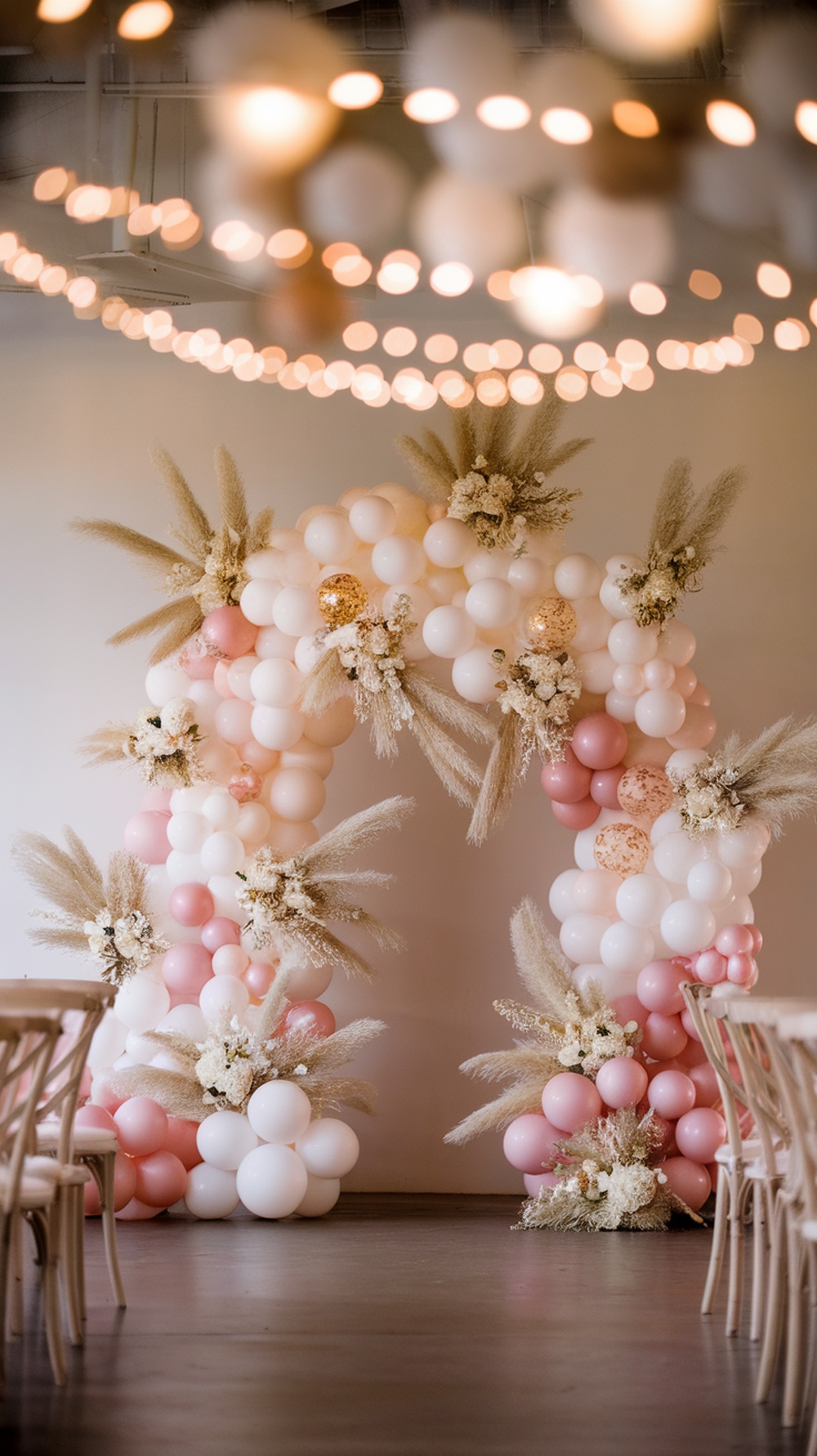 A beautiful balloon arch decorated with pink and white balloons, pampas grass, and floral accents, set up for a bride-to-be party.