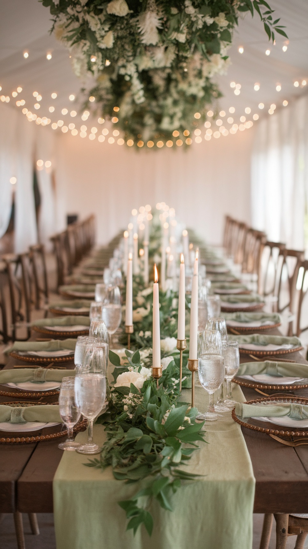 A long wedding table set with honeydew green tablecloth, elegant glassware, white flowers, and candles, surrounded by string lights.