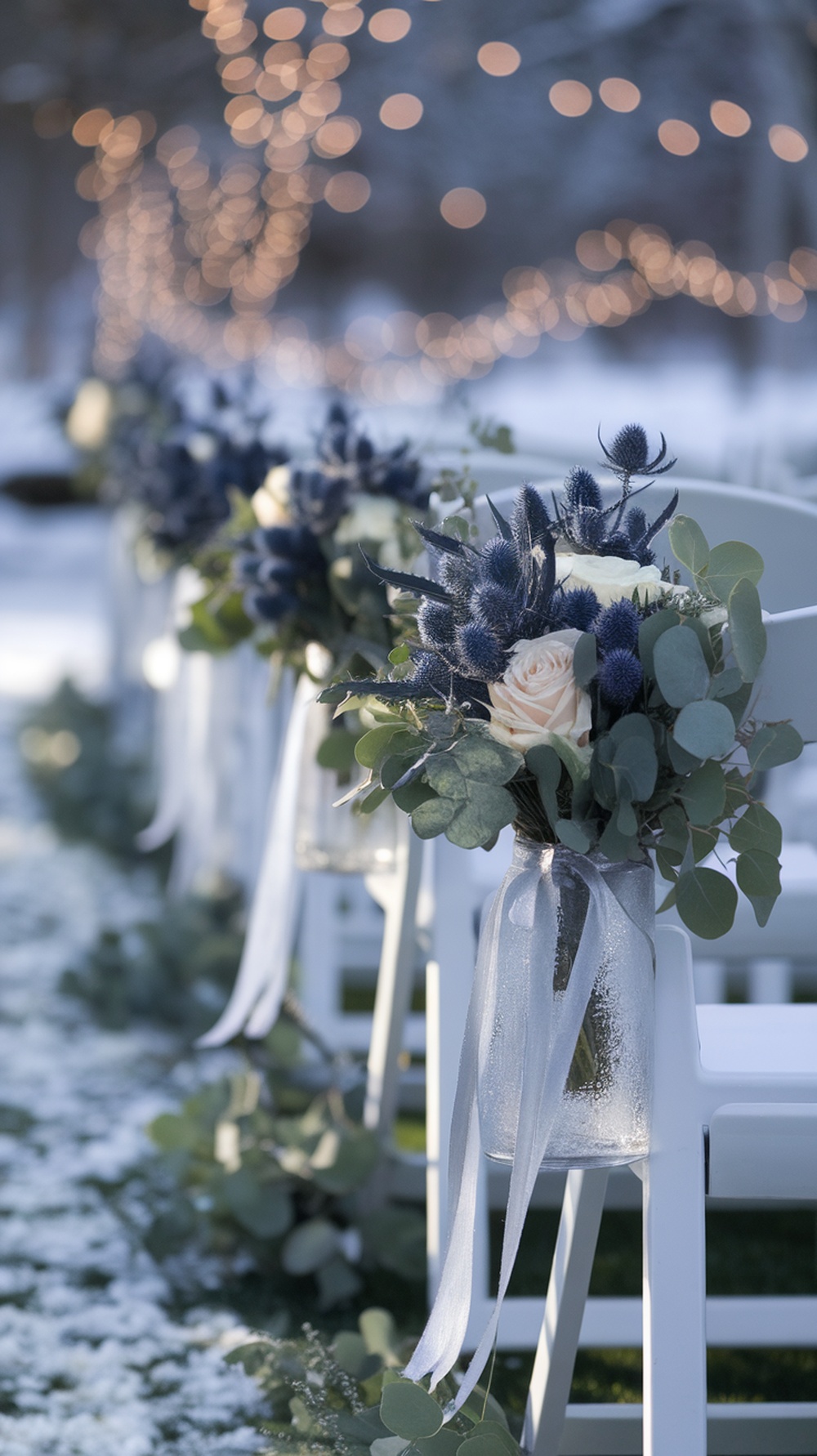Outdoor wedding setup with white chairs, floral arrangements, and twinkling lights in a winter setting.