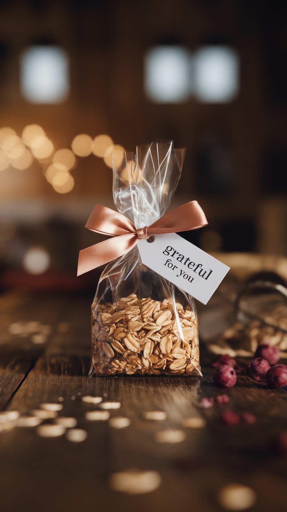 A mini granola bag tied with a ribbon and a tag that says 'grateful for you.'