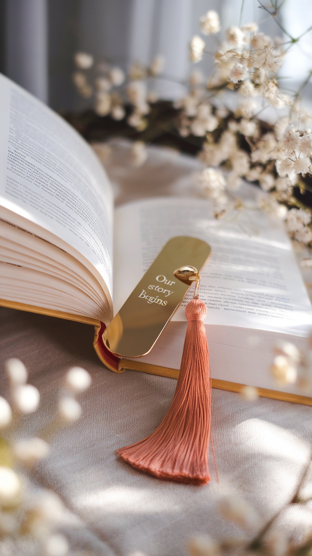 A personalized bookmark with a tassel, engraved with 'Our story begins,' placed on an open book surrounded by flowers.