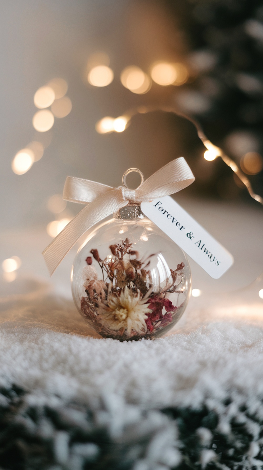 A personalized ornament with dried flowers and a tag that says 'Forever & Always'.