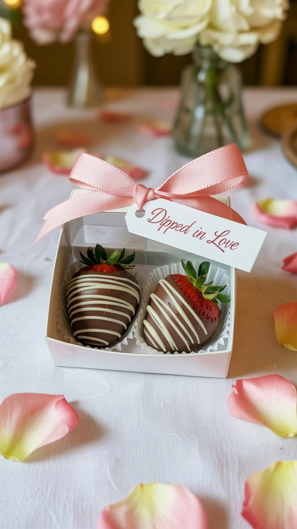A box of chocolate covered strawberries with a pink ribbon and a tag that says 'dipped in love', surrounded by rose petals.
