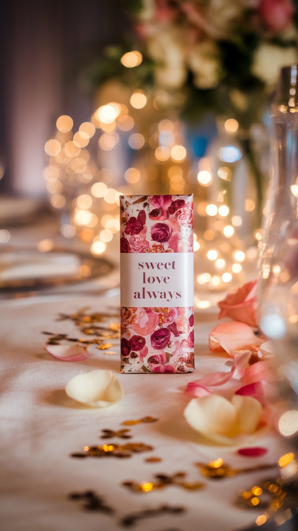 A personalized chocolate bar with floral design and the text 'sweet love always' on a wedding table.