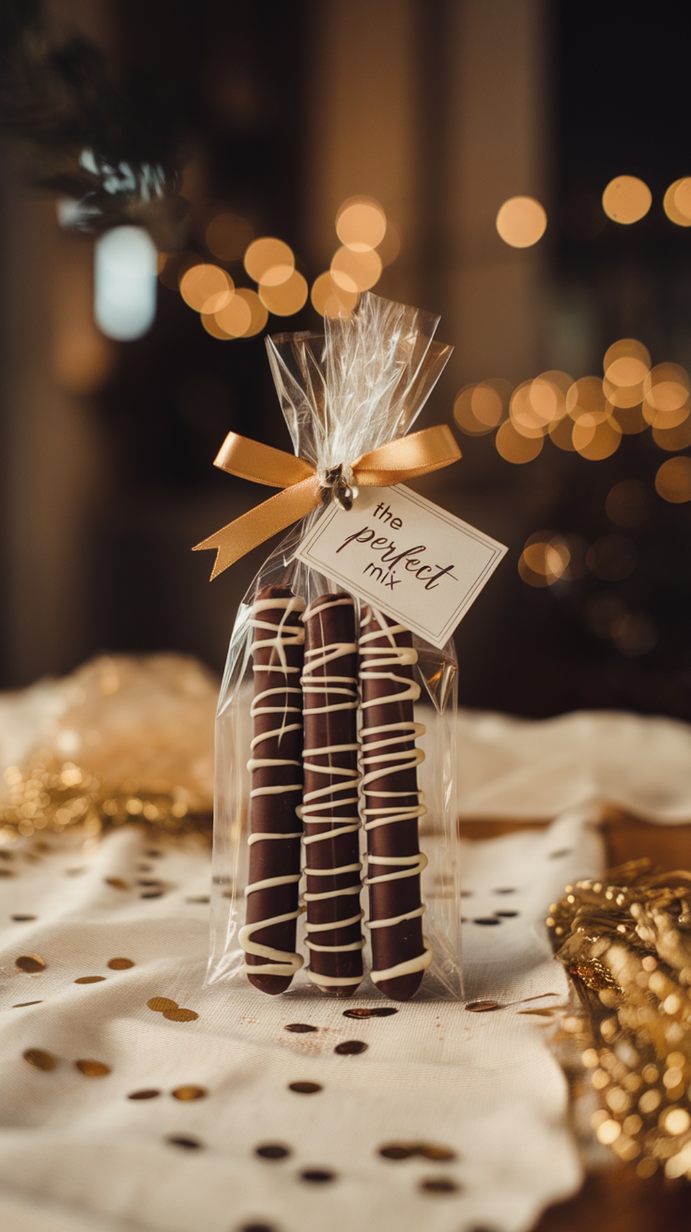 A bag of chocolate dipped pretzels with a ribbon and a tag that says 'the perfect mix'