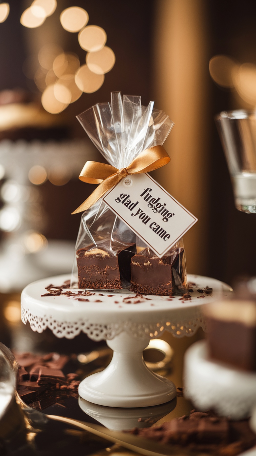 Mini brownie bites wrapped in clear cellophane with a ribbon and a tag that says 'fudging you came'.