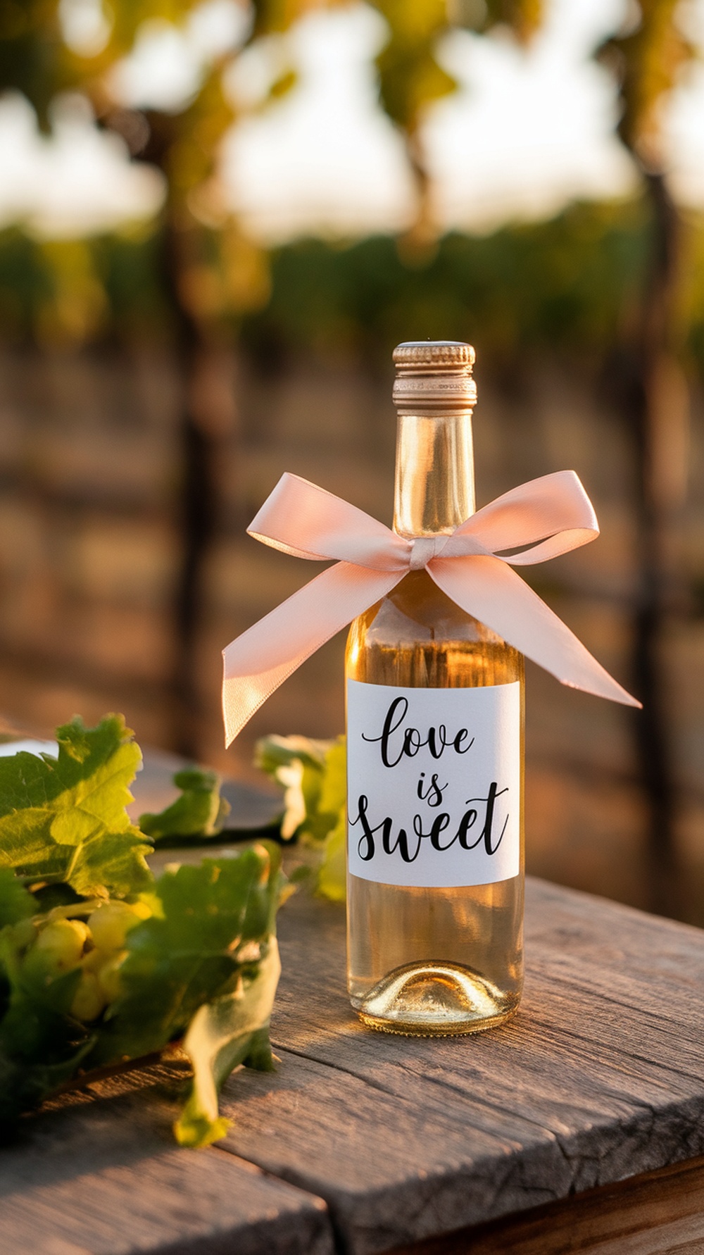 A mini wine bottle with a label that says 'love is sweet' tied with a pink ribbon, placed on a wooden table surrounded by grapevines.