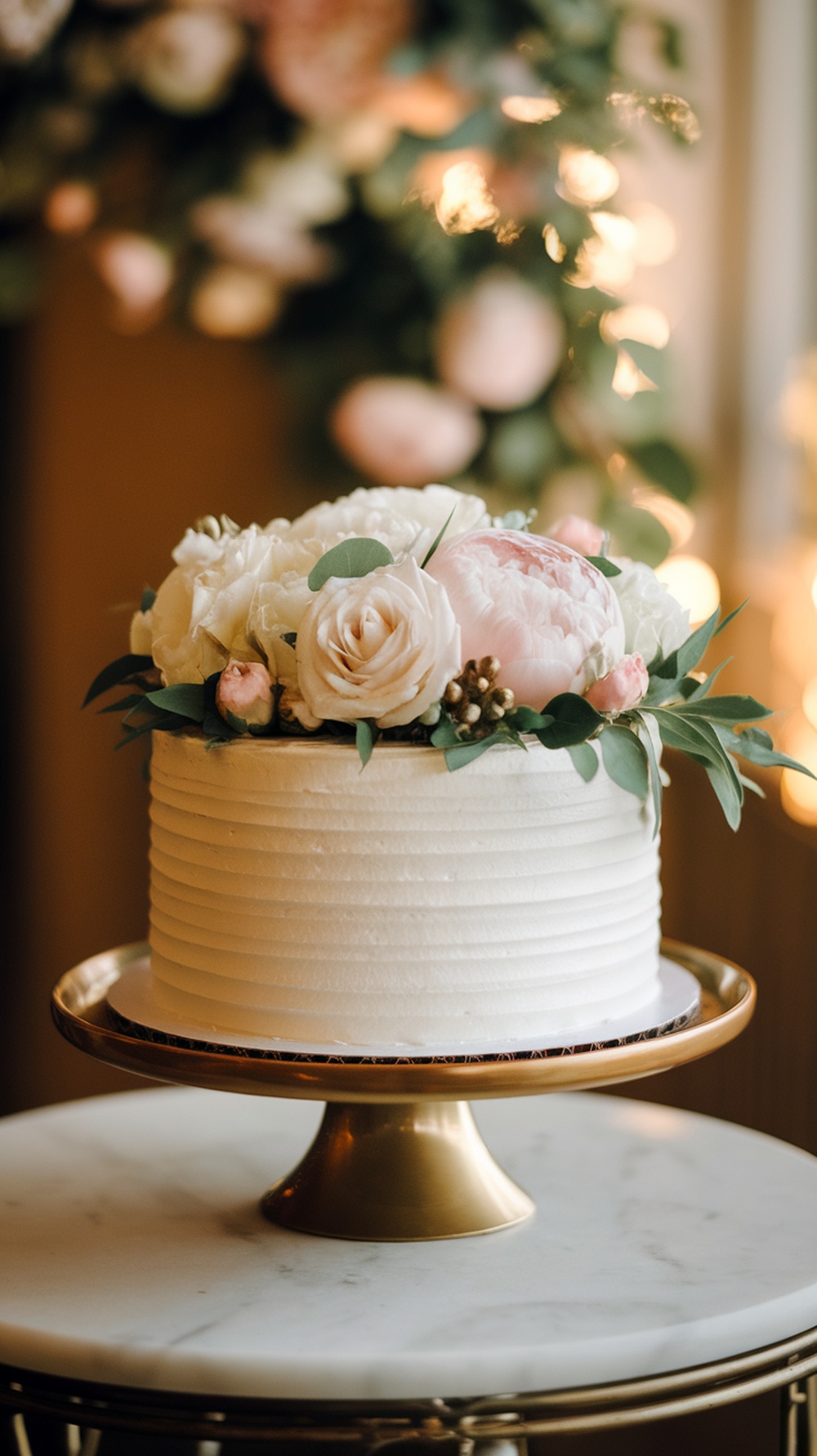 A wedding cake decorated with pink flowers and greenery on a gold stand.