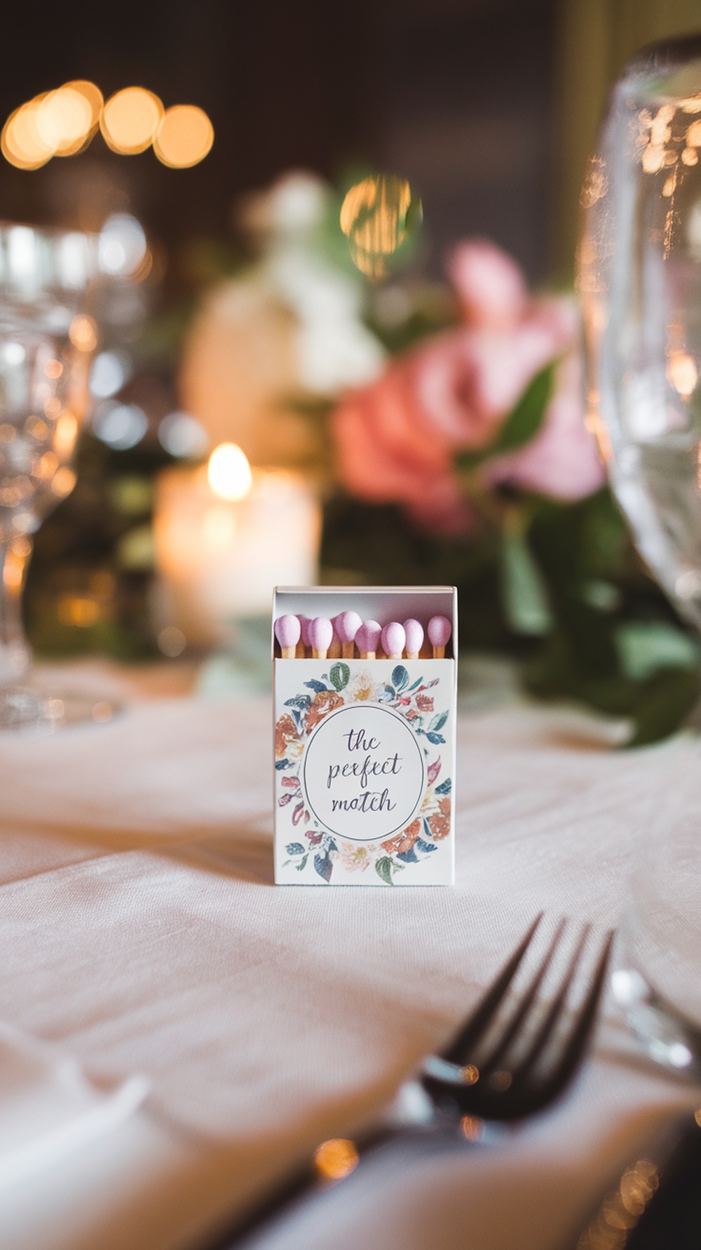 A personalized matchbox with floral design and the text 'the perfect match' on a table setting.