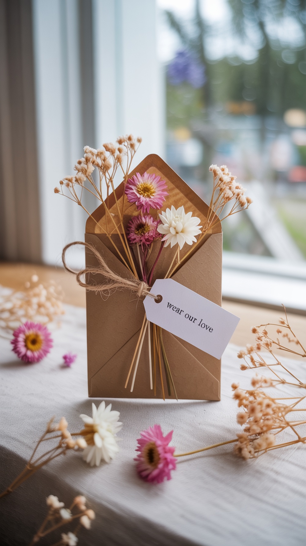 A dried flower crown kit with a tag that says 'Wear Our Love', surrounded by dried petals.