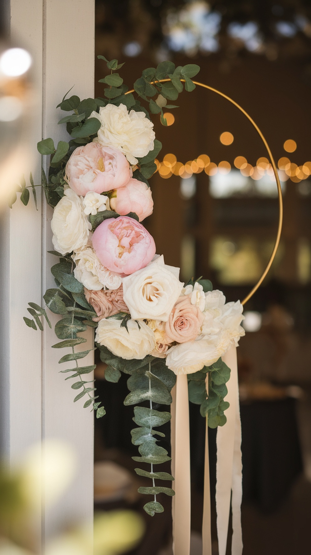 A floral hoop decoration featuring pink peonies, white roses, and eucalyptus leaves, with flowing ribbons.