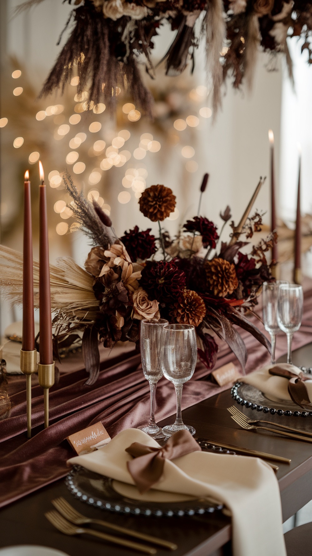 A beautifully arranged tablescape featuring deep burgundy flowers, soft beige elements, tall candles, and elegant table settings.