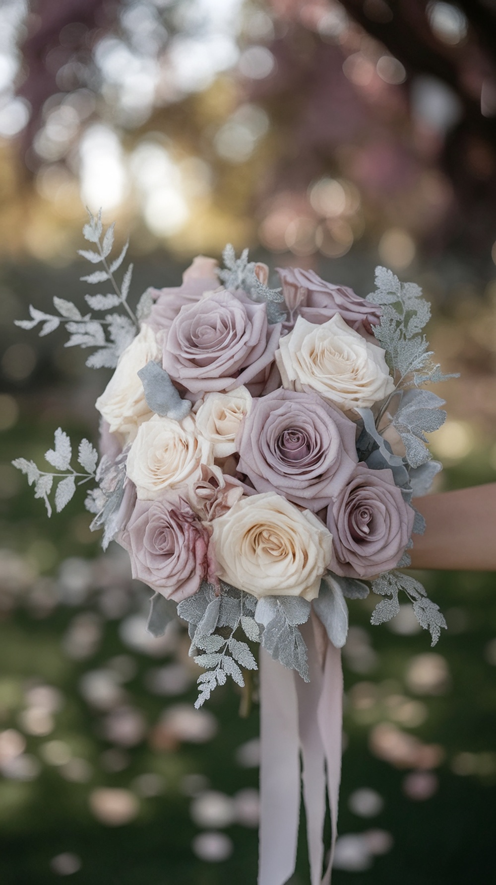 A bridal bouquet featuring dusty pink and grey roses with silver foliage and soft ribbons.