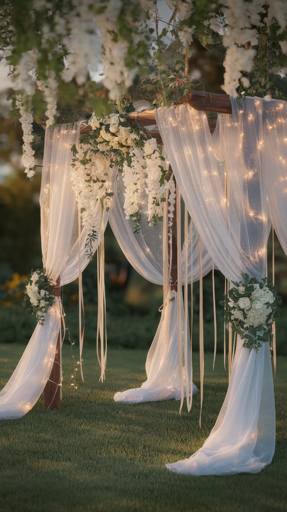 A beautifully decorated bridal shower canopy with white flowers, flowing fabrics, and twinkling lights.