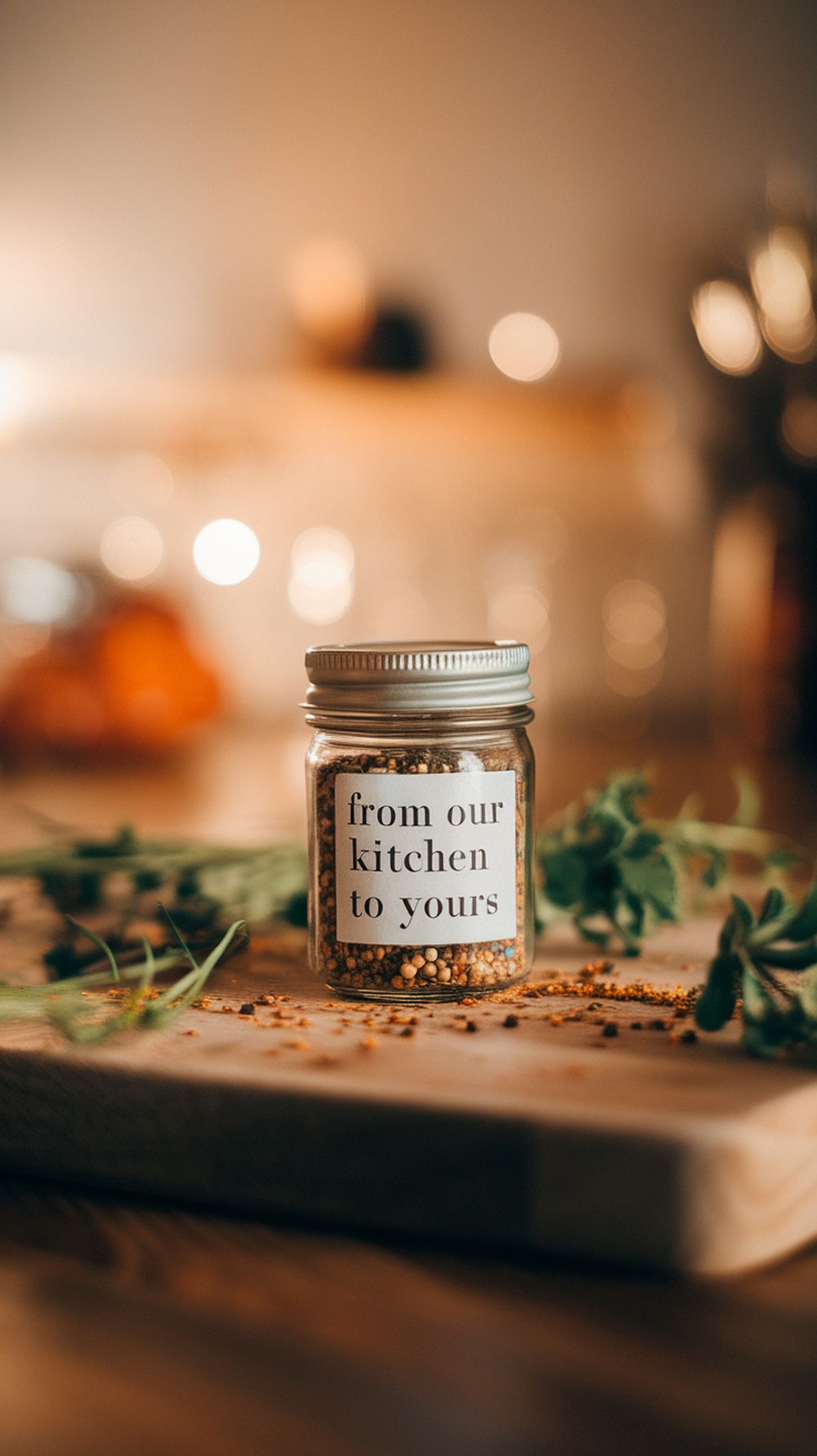 A small glass jar filled with spices, labeled 'from our kitchen to yours', placed on a wooden surface with herbs around it.