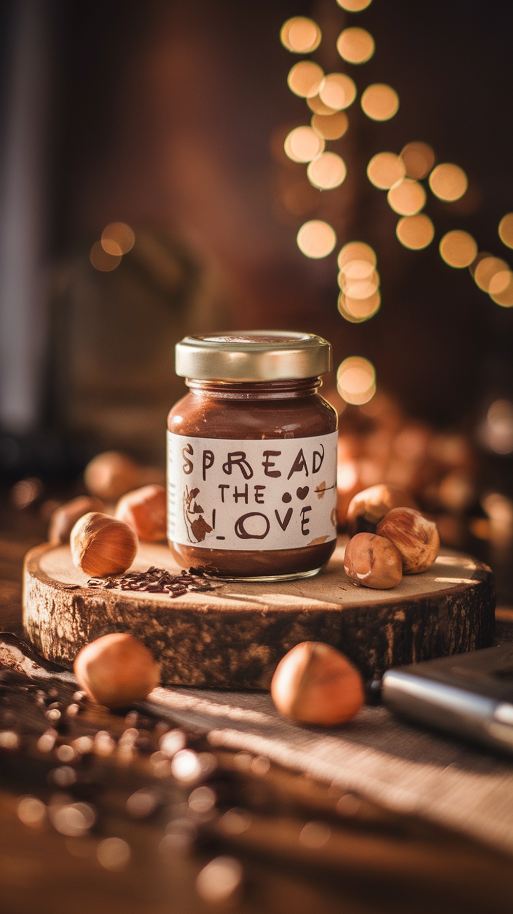 Mini chocolate hazelnut spread jar with a label that says 'Spread the Love', surrounded by hazelnuts on a wooden base.