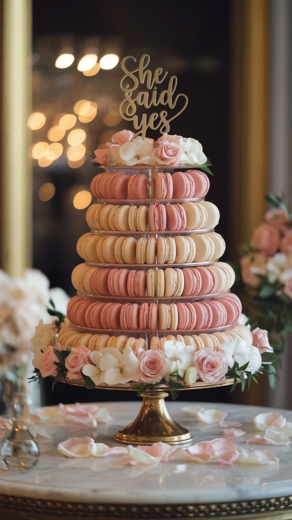 A tiered macaron tower cake with pink and cream macarons, decorated with flowers and a sign that says 'She said yes.'
