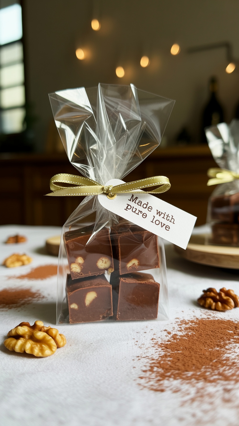 A clear bag filled with chocolate fudge cubes, tied with a ribbon and a tag, surrounded by nuts and a soft background.