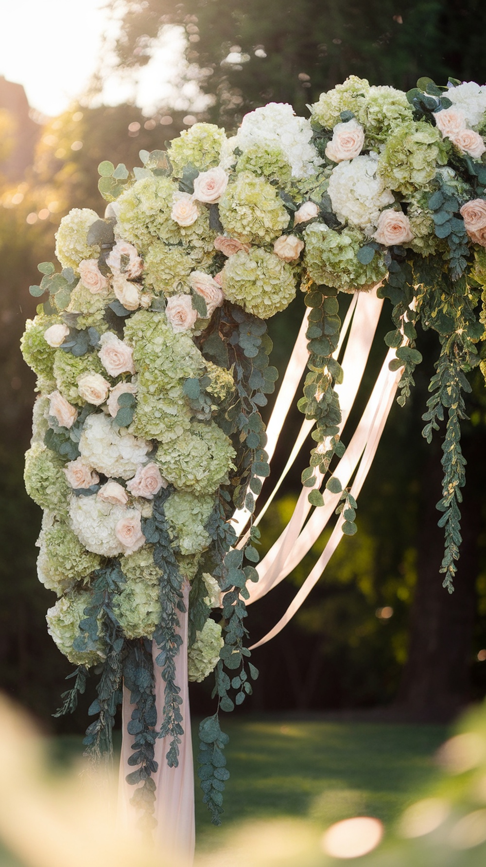 A floral arch adorned with honeydew green hydrangeas and soft pink roses, draped with fabric, set in a natural outdoor setting.