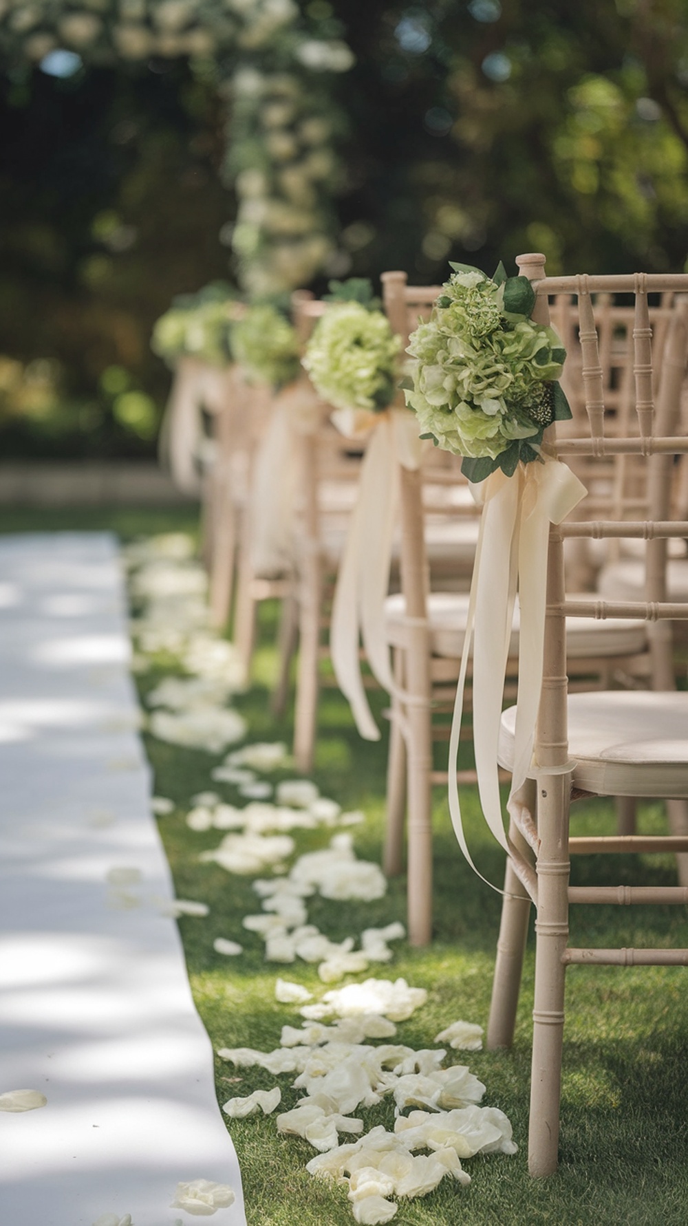 Chairs decorated with honeydew green flowers and ribbons at a wedding ceremony