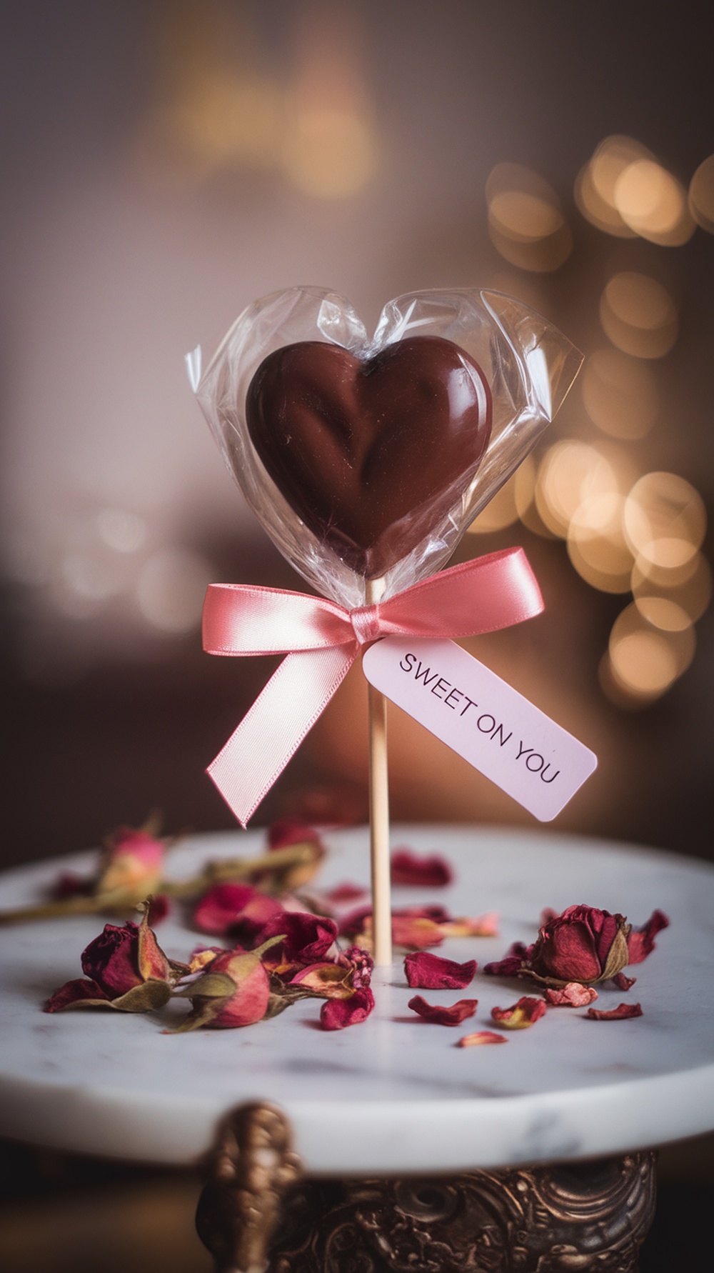 Heart-shaped chocolate lollipop with a ribbon and tag on a marble table surrounded by rose petals.