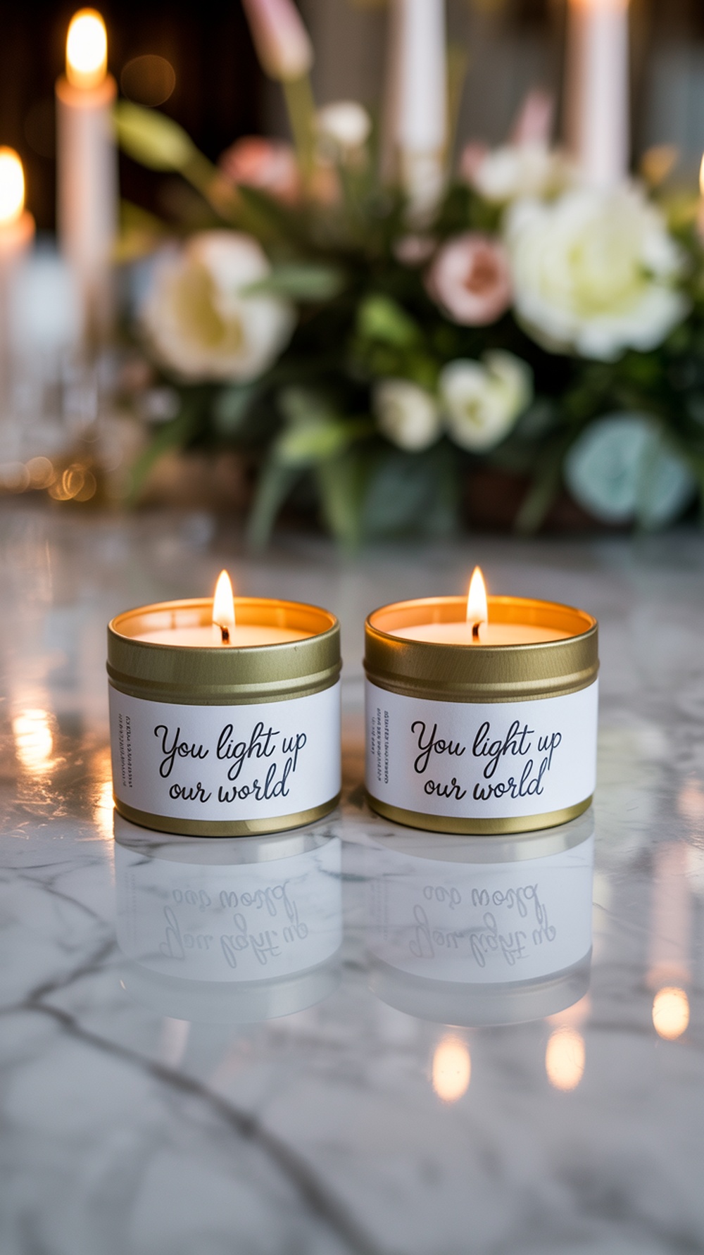 Mini candle tin set with the phrase 'You Light Up Our World' on a table