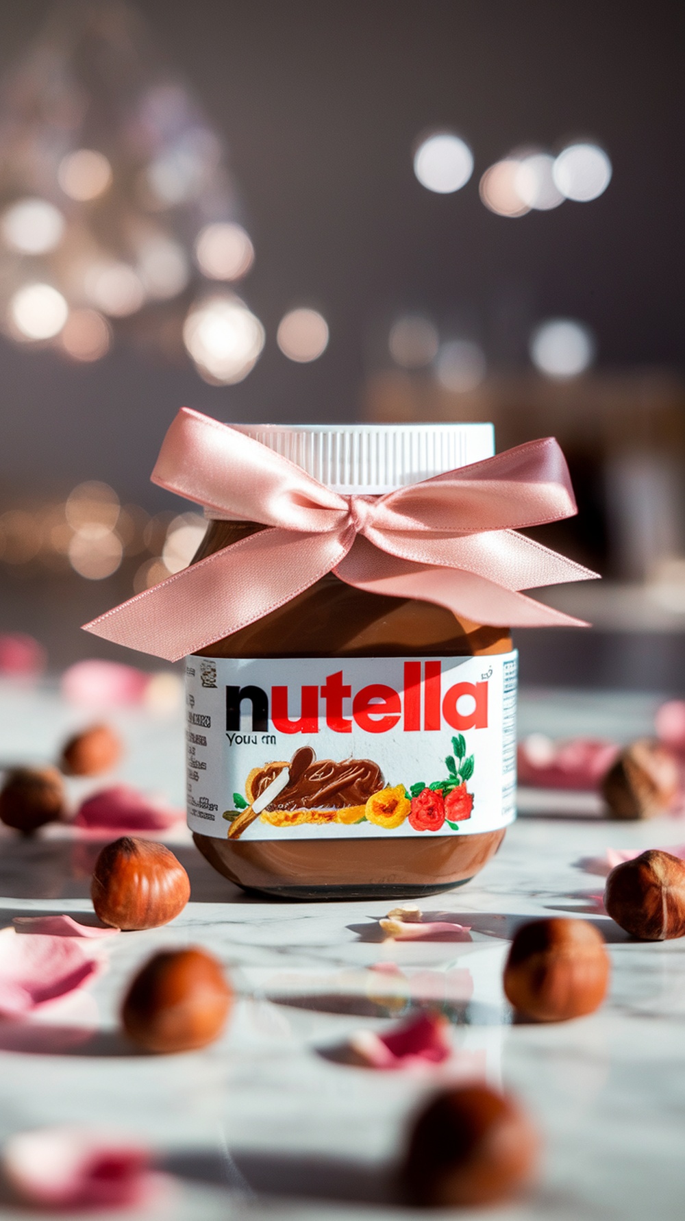 A mini hot cocoa kit with a tag that says 'Warm up with our love', next to a cup and marshmallows.