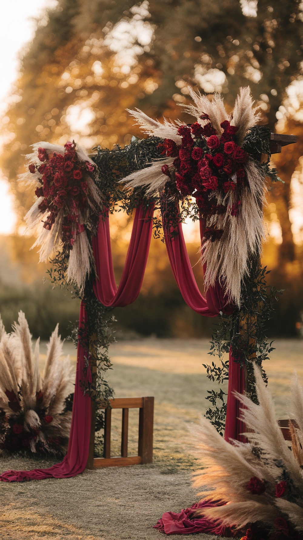 A beautifully decorated wedding ceremony arch with red roses, pampas grass, and flowing fabric.