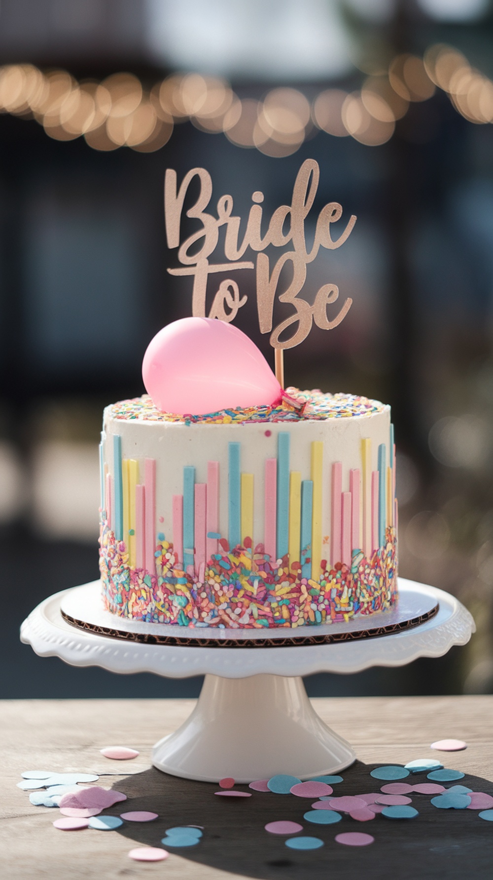 A colorful Sprinkle Confetti Cake with a 'Bride to Be' topper and a pink balloon on top, surrounded by confetti.
