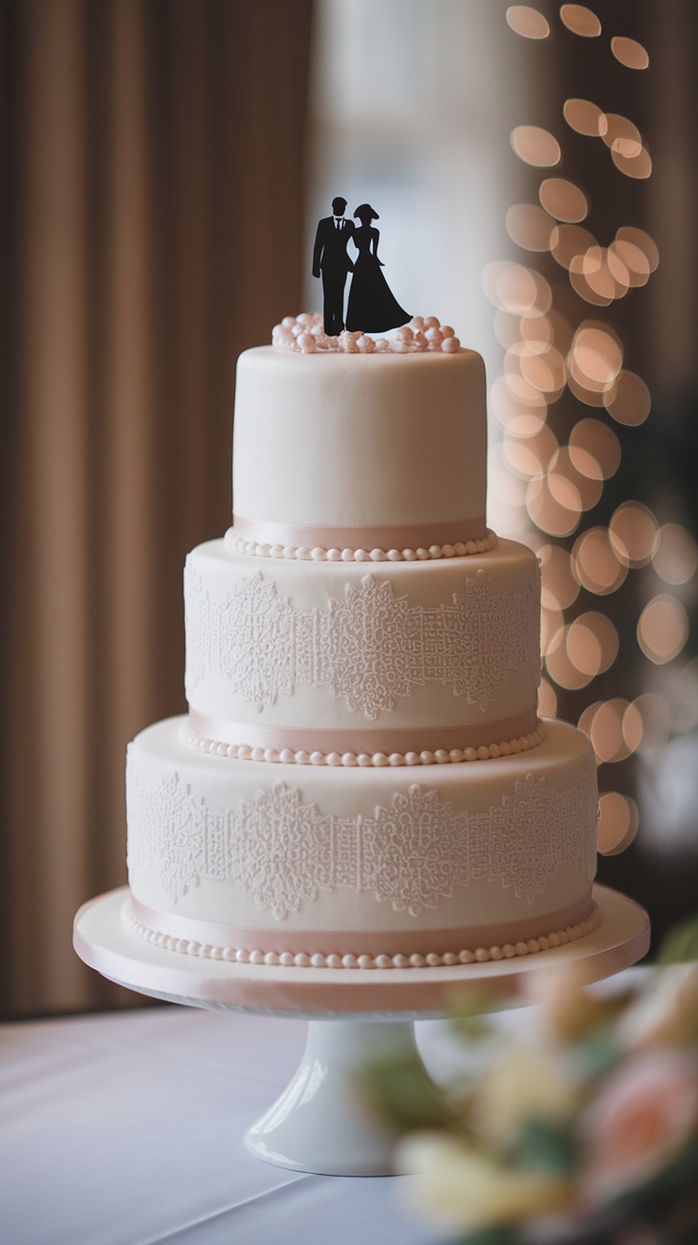 A three-tier vintage lace fondant wedding cake with a bride and groom topper and pearl accents.