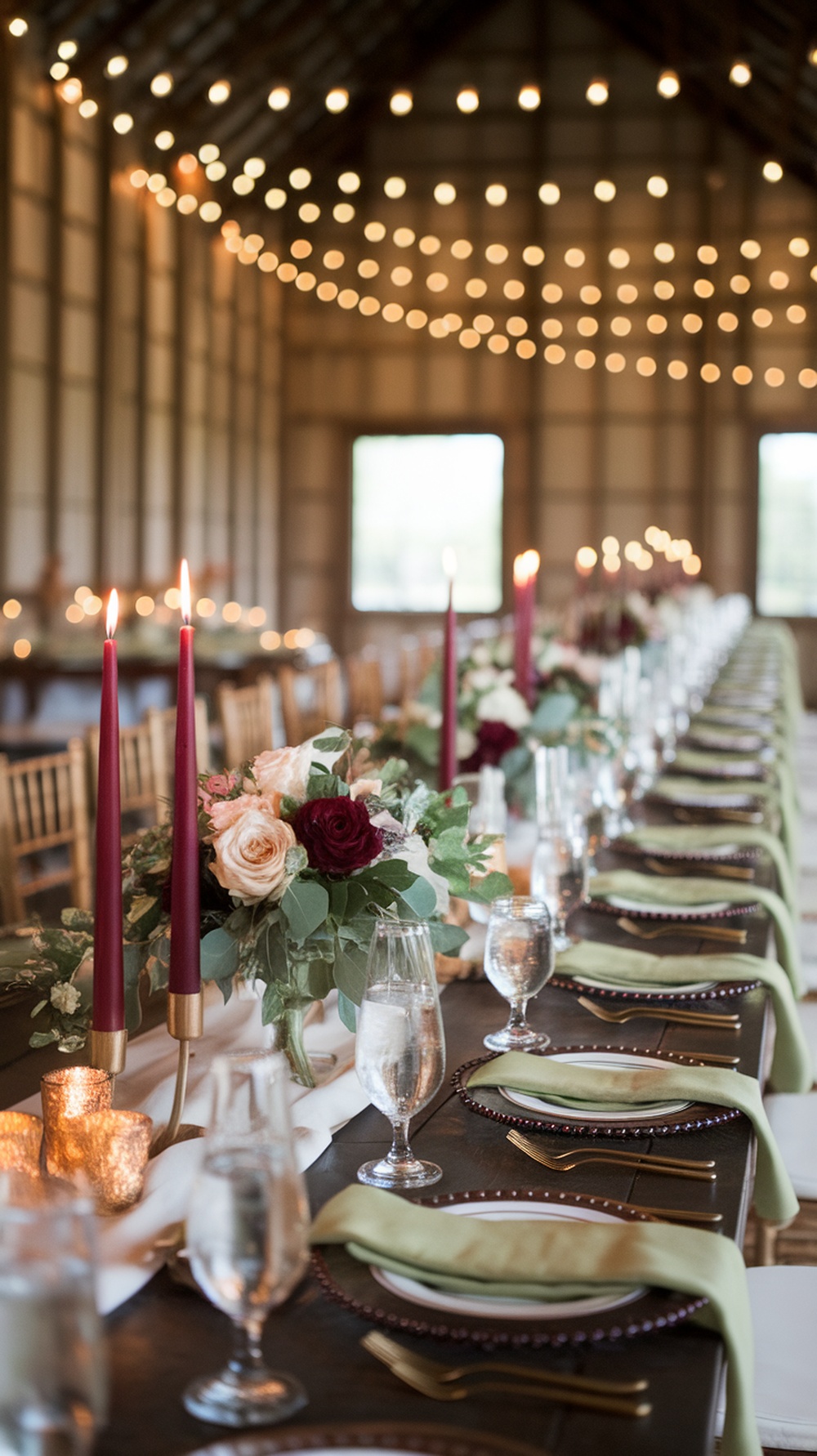 A beautifully arranged wedding table with burgundy candles, floral centerpieces, and elegant tableware.