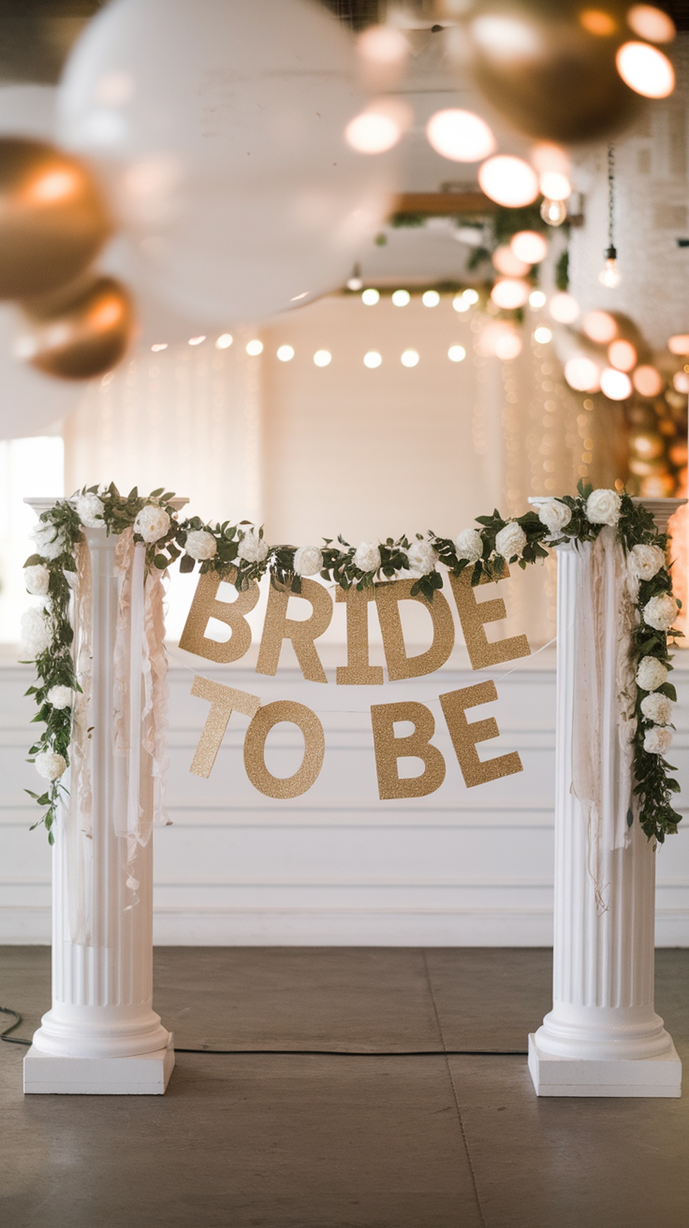 A decorative 'Bride To Be' banner adorned with flowers and greenery, set in a festive space.