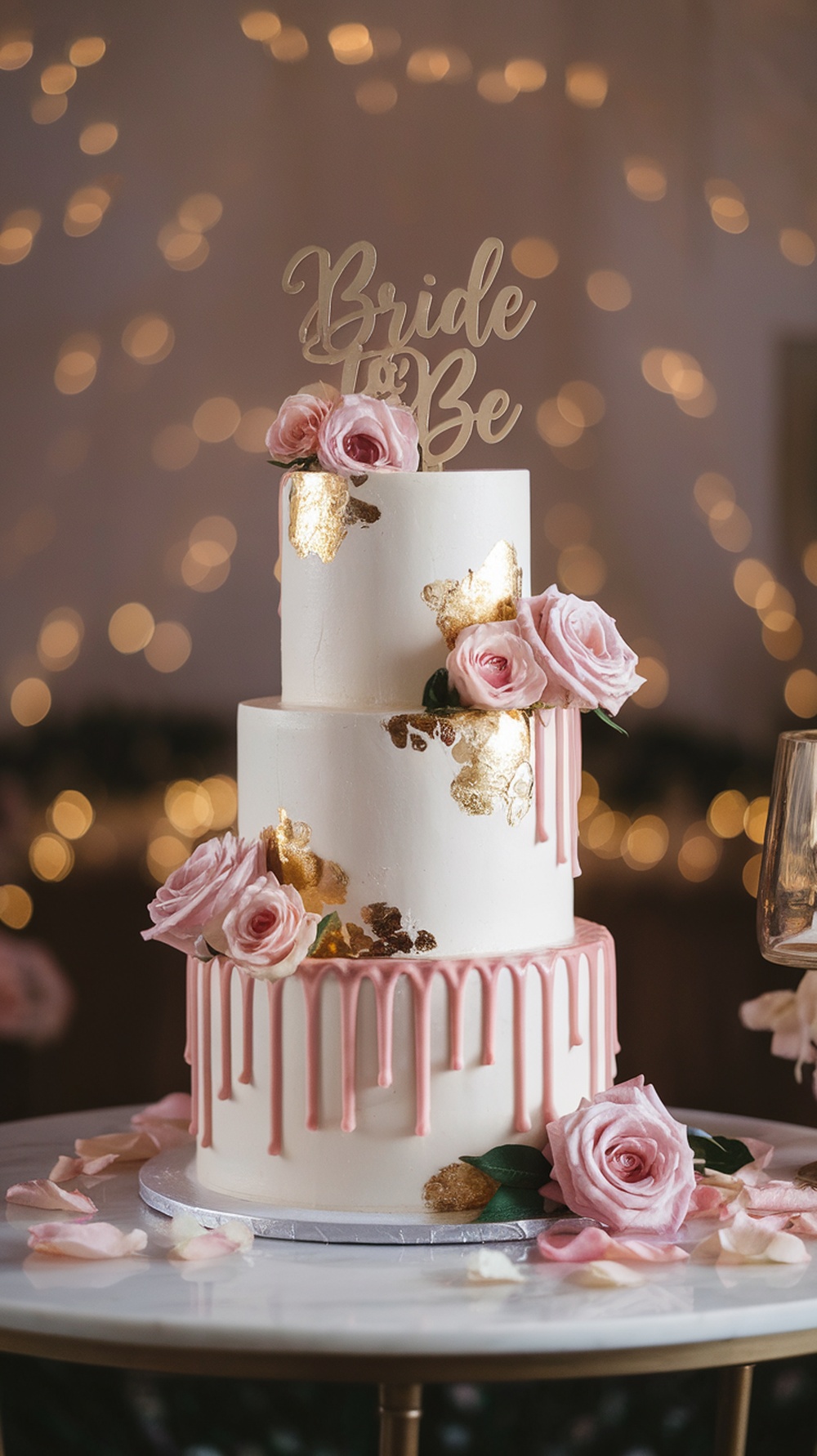 A beautiful three-tiered drip cake decorated with pink roses and gold accents, topped with a 'Bride to Be' sign.