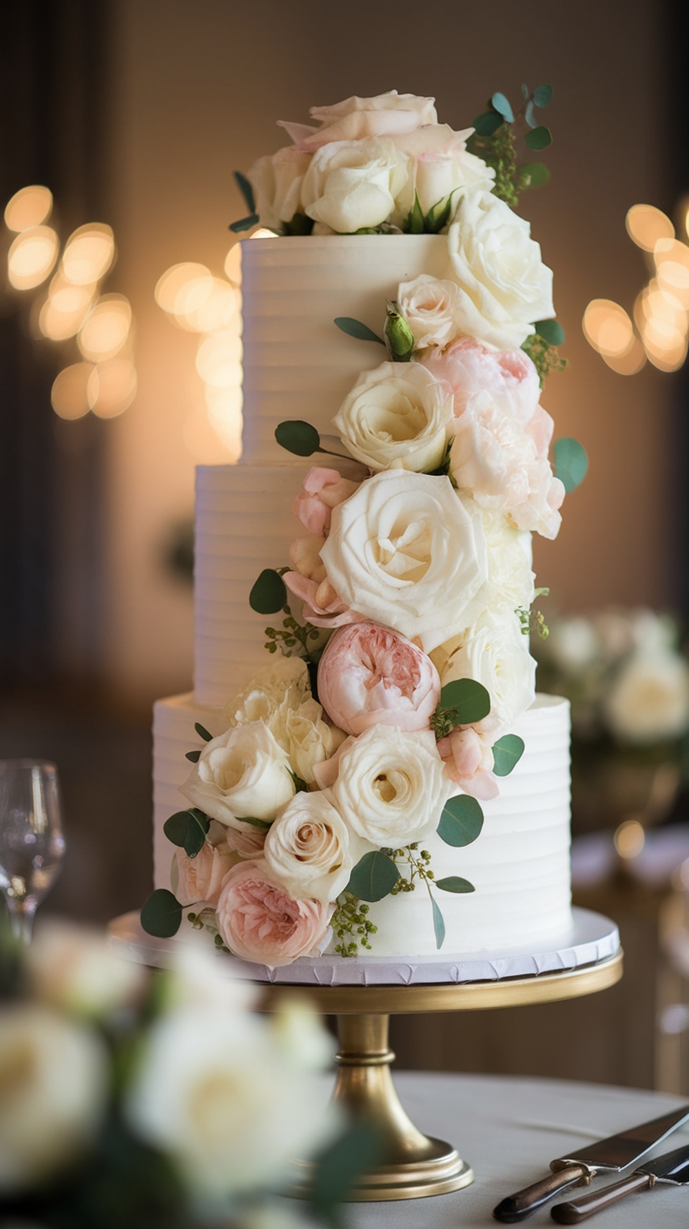 A three-tiered wedding cake decorated with a cascade of white and blush roses.