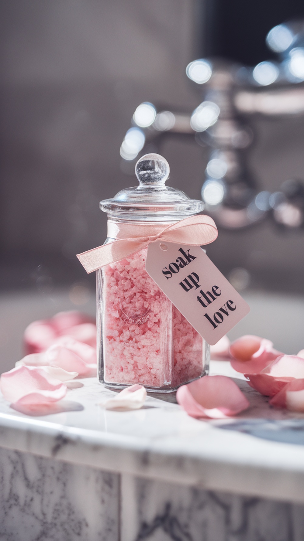 A jar of pink bath salts with a ribbon and tag on a marble surface