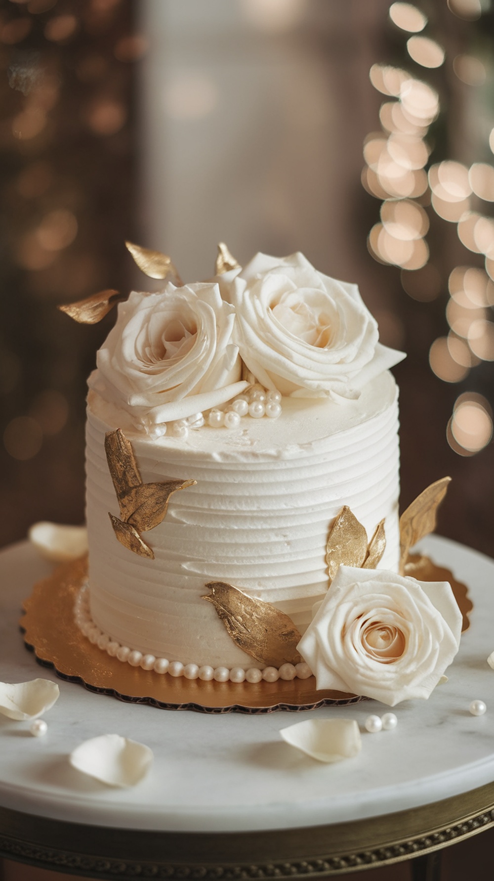 Elegant cake with white roses and gold accents for a bride-to-be party.