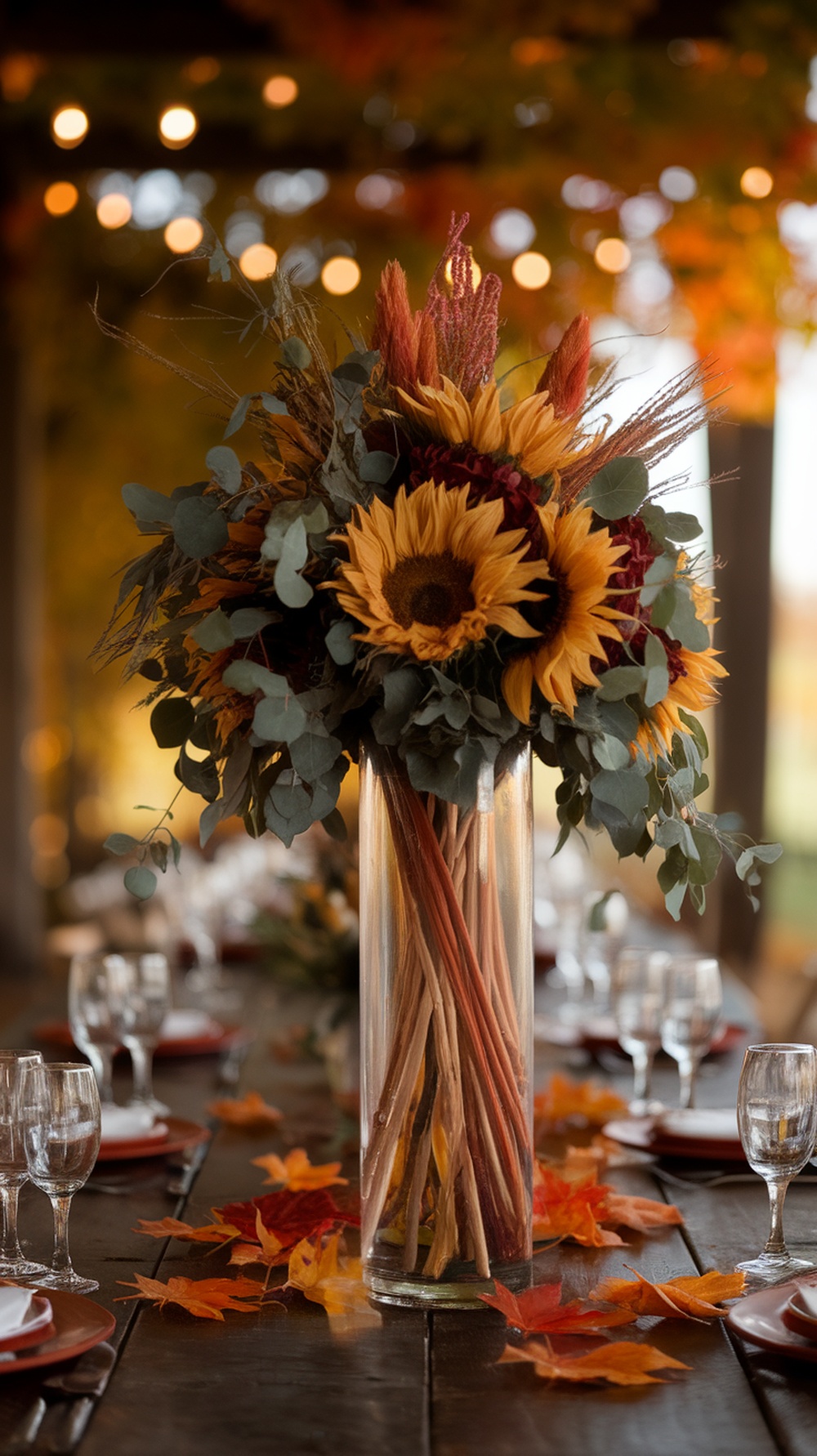A fall wedding table setting with a sunflower centerpiece and autumn leaves.