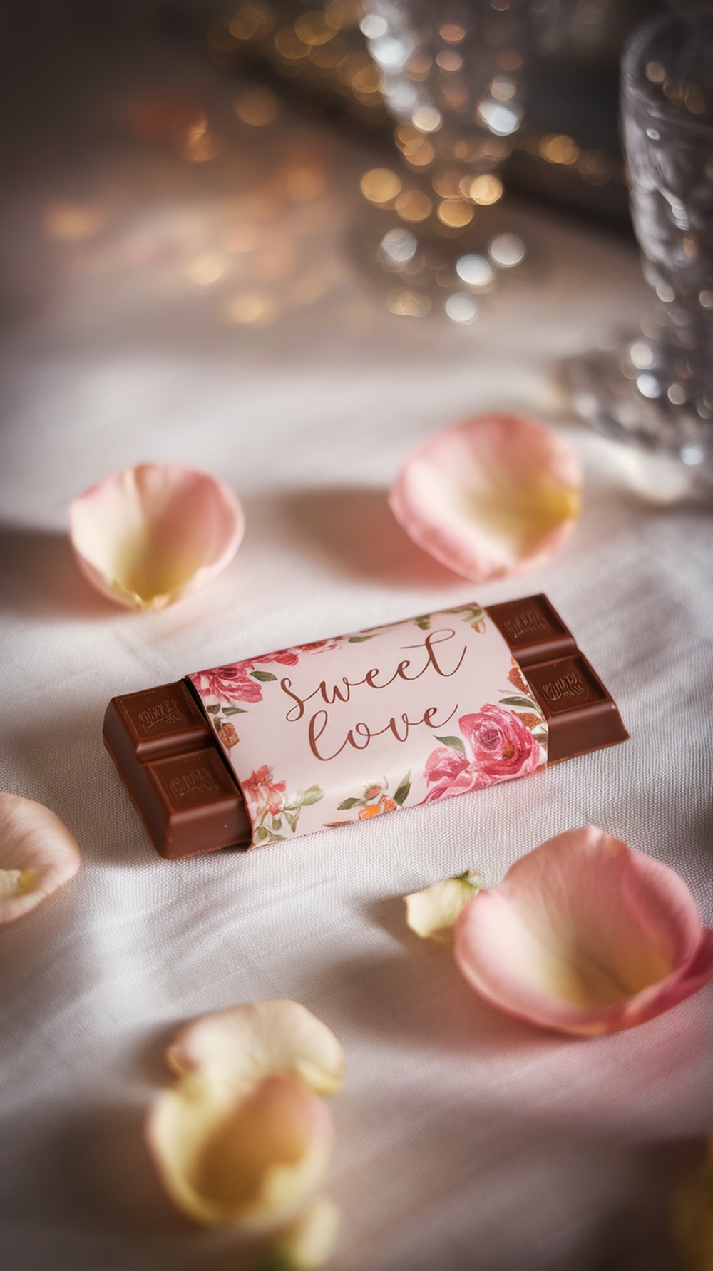 A chocolate bar wrapped in floral design with the text 'sweet love' surrounded by rose petals.