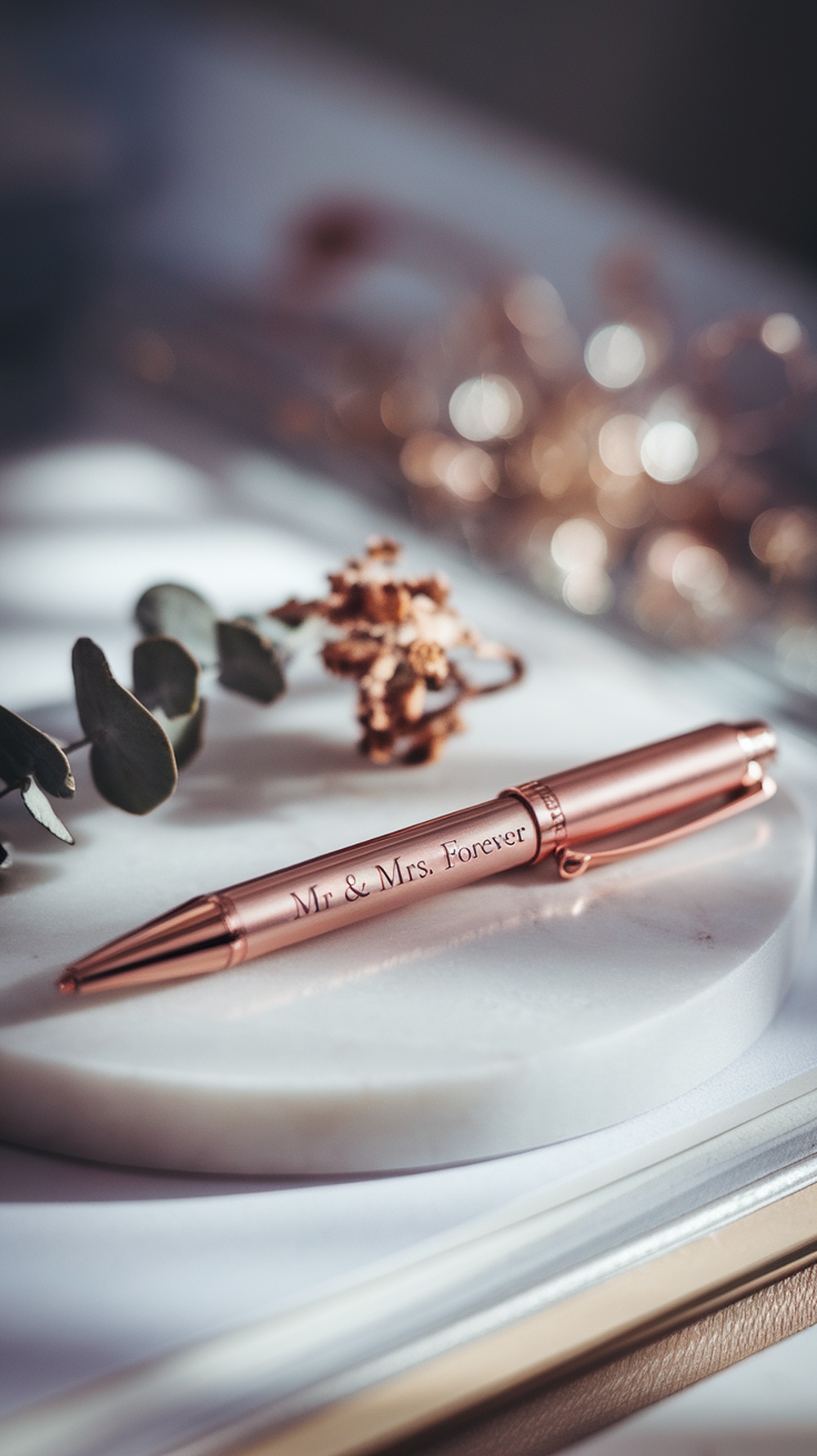 A personalized rose gold pen engraved with 'Mr & Mrs. Forever' on a marble surface.