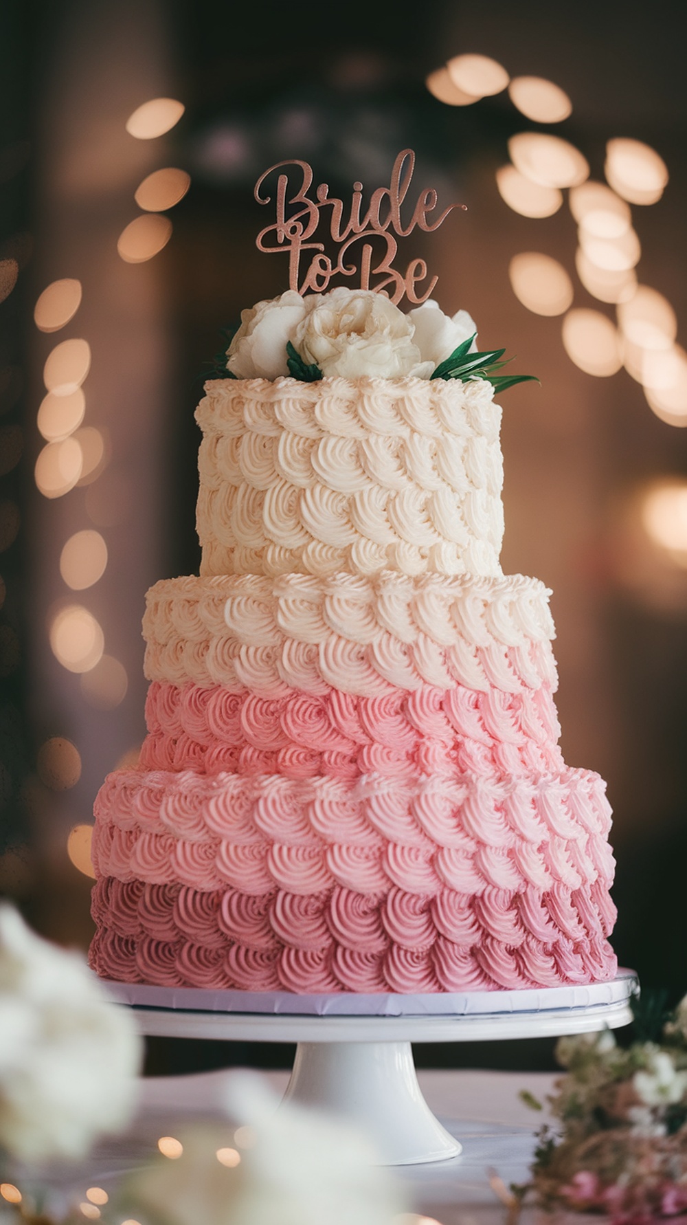 A three-tiered ruffle buttercream cake with a pink ombre effect and a 'Bride to Be' topper, adorned with flowers.