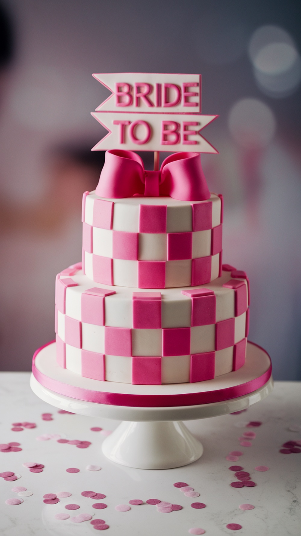 A stylish two-tiered checkerboard cake in pink and white with a 'Bride to Be' sign and a pink bow on top.