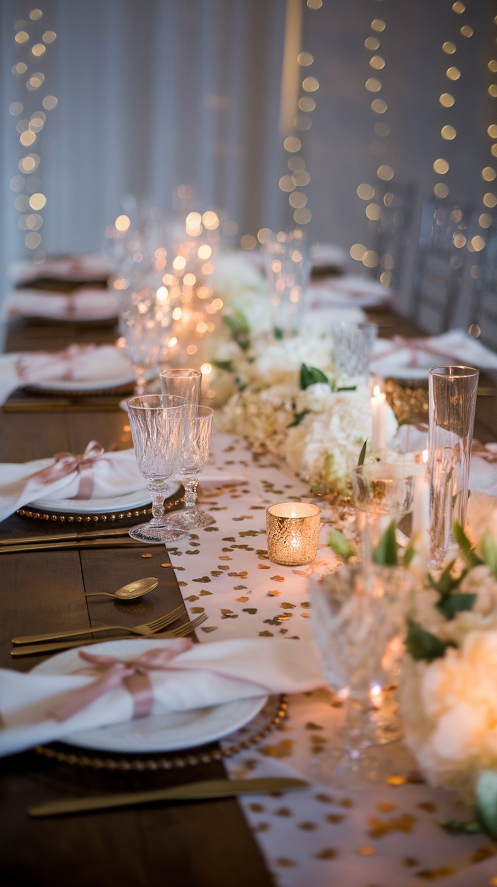 A beautifully decorated table for a bride-to-be party featuring a confetti table runner, elegant glassware, floral arrangements, and soft lighting.