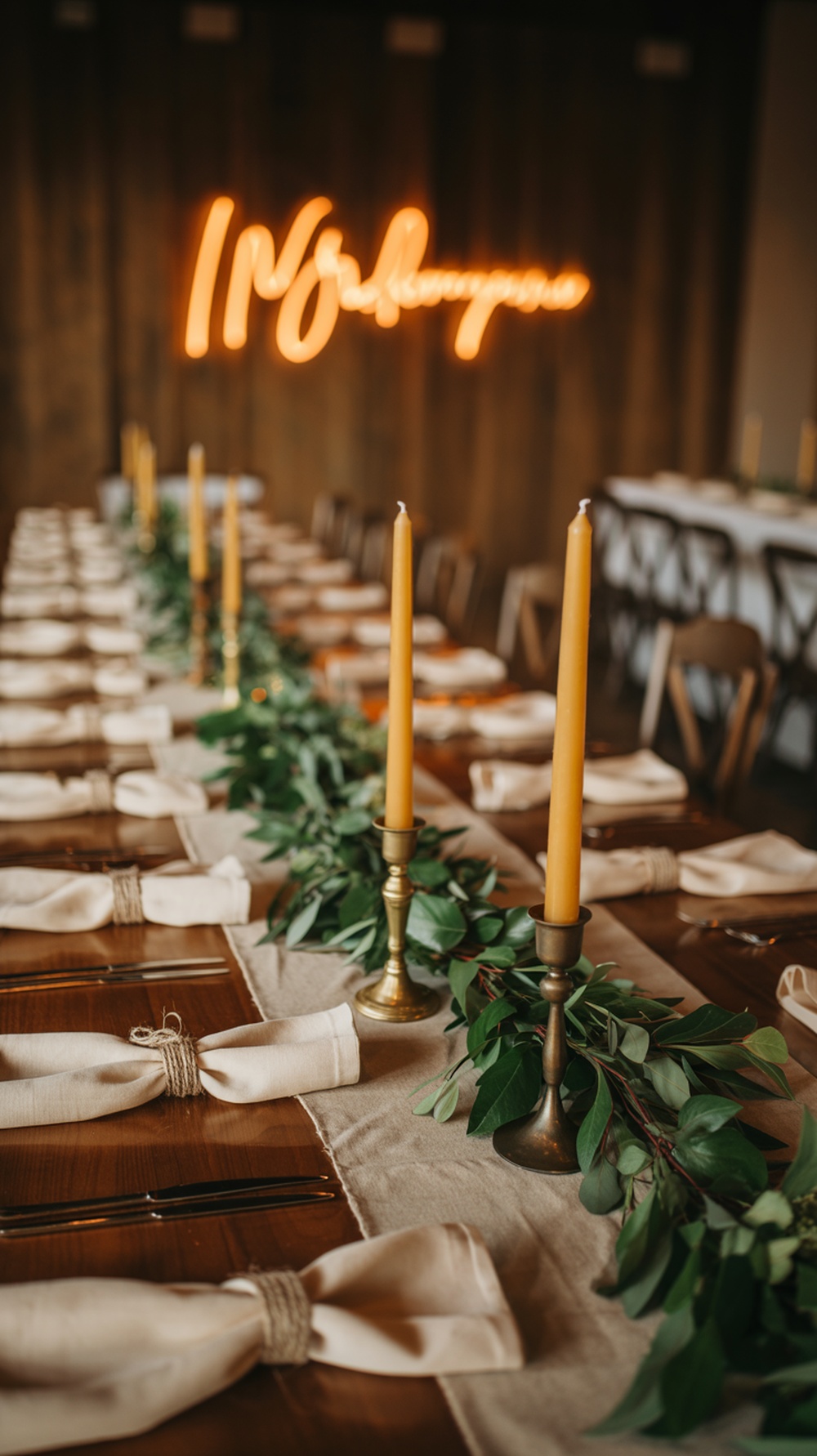 A beautifully set table for a fall wedding, featuring yellow candles, greenery, and elegant glassware.