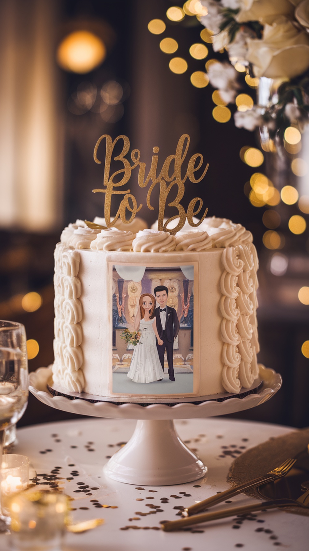 A beautifully decorated cake with a photo of a couple and a 'Bride to Be' topper.