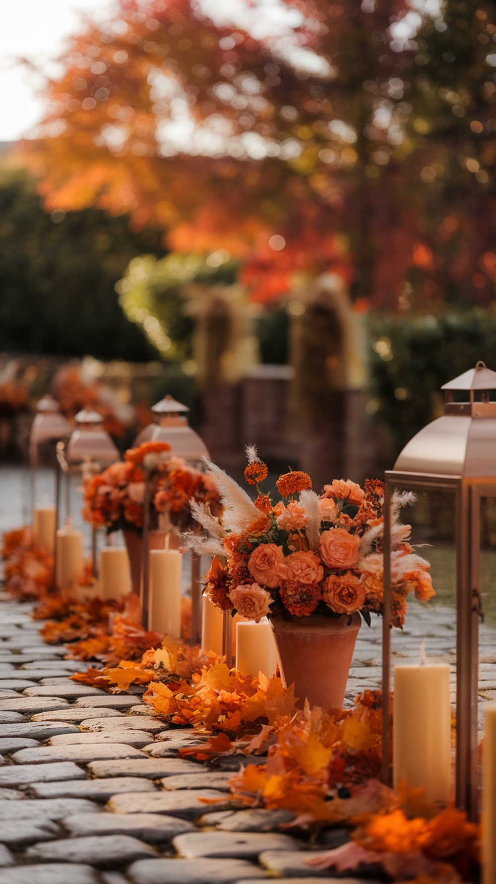 A pathway adorned with orange flowers and lanterns, surrounded by autumn leaves.
