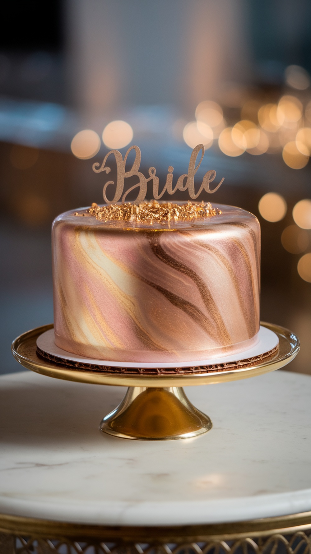 A beautifully designed mirror glaze cake with swirls of pink and gold, topped with a 'Bride' cake topper.