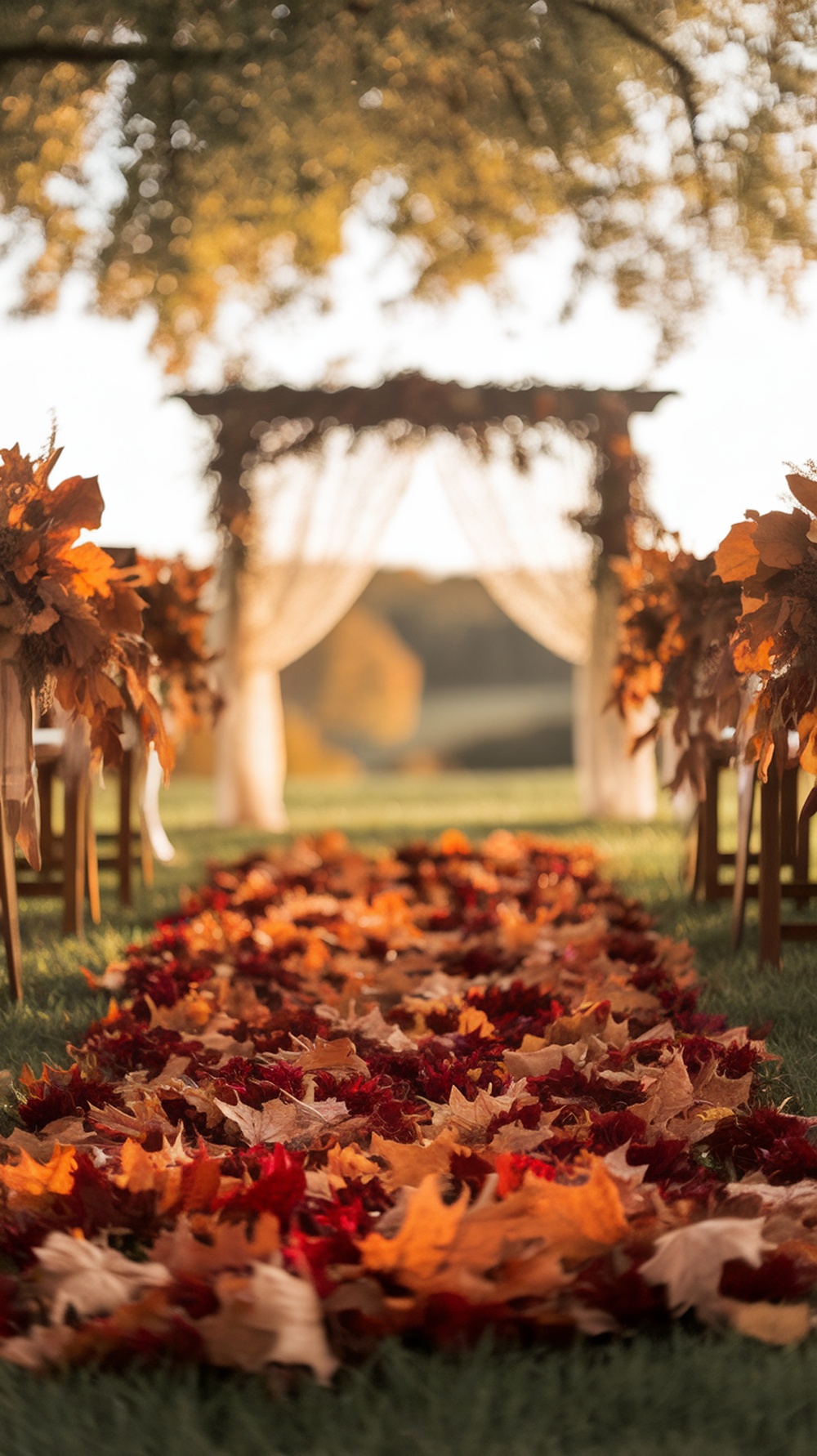 A wedding aisle decorated with autumn leaves, leading to a floral archway.