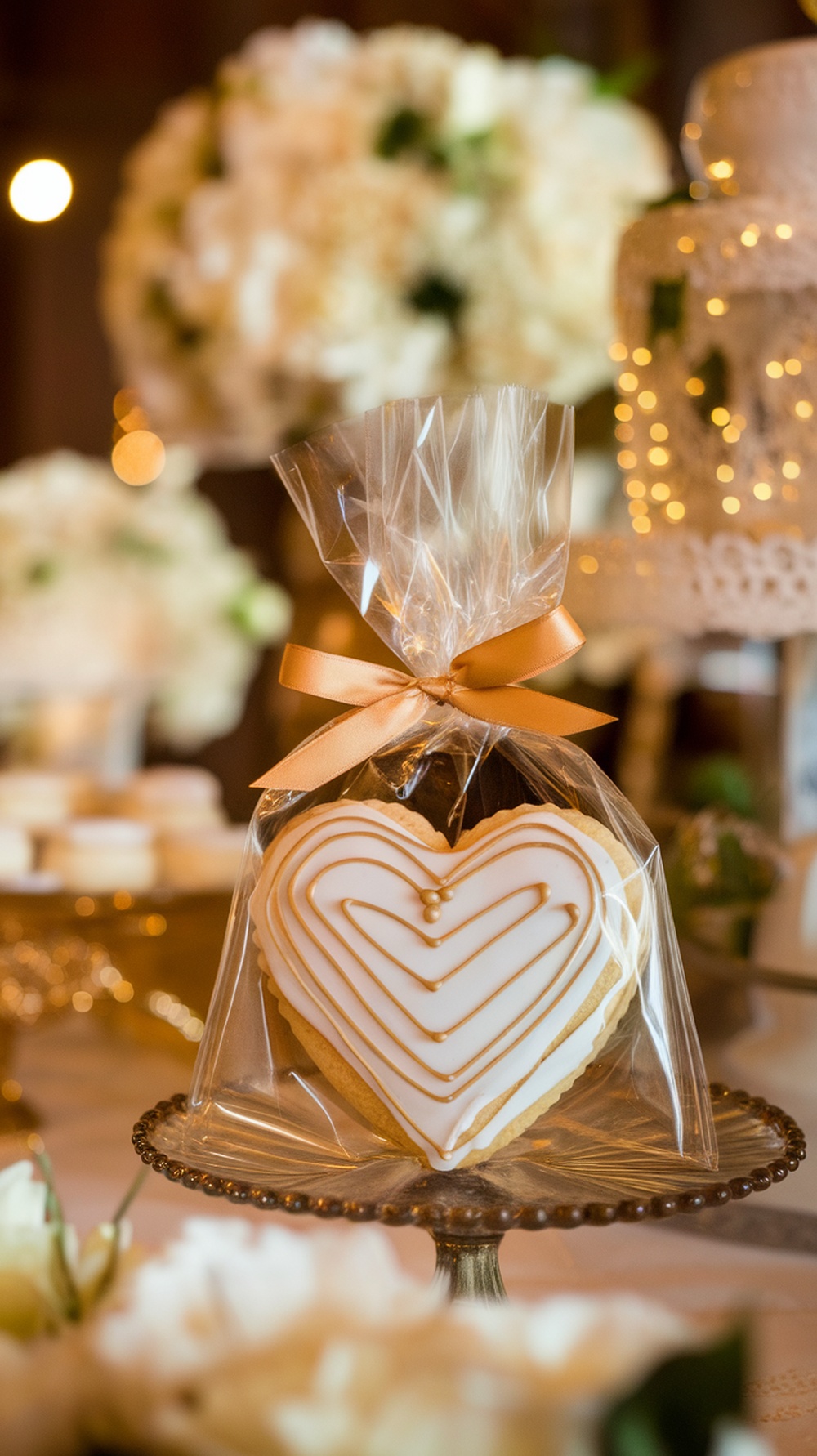 A beautifully decorated heart-shaped cookie favor in a clear bag with a ribbon.