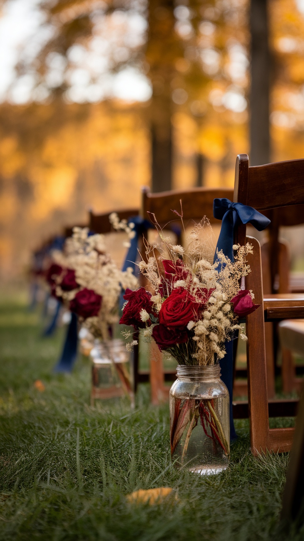 Outdoor wedding setup with wooden chairs and floral arrangements in mason jars