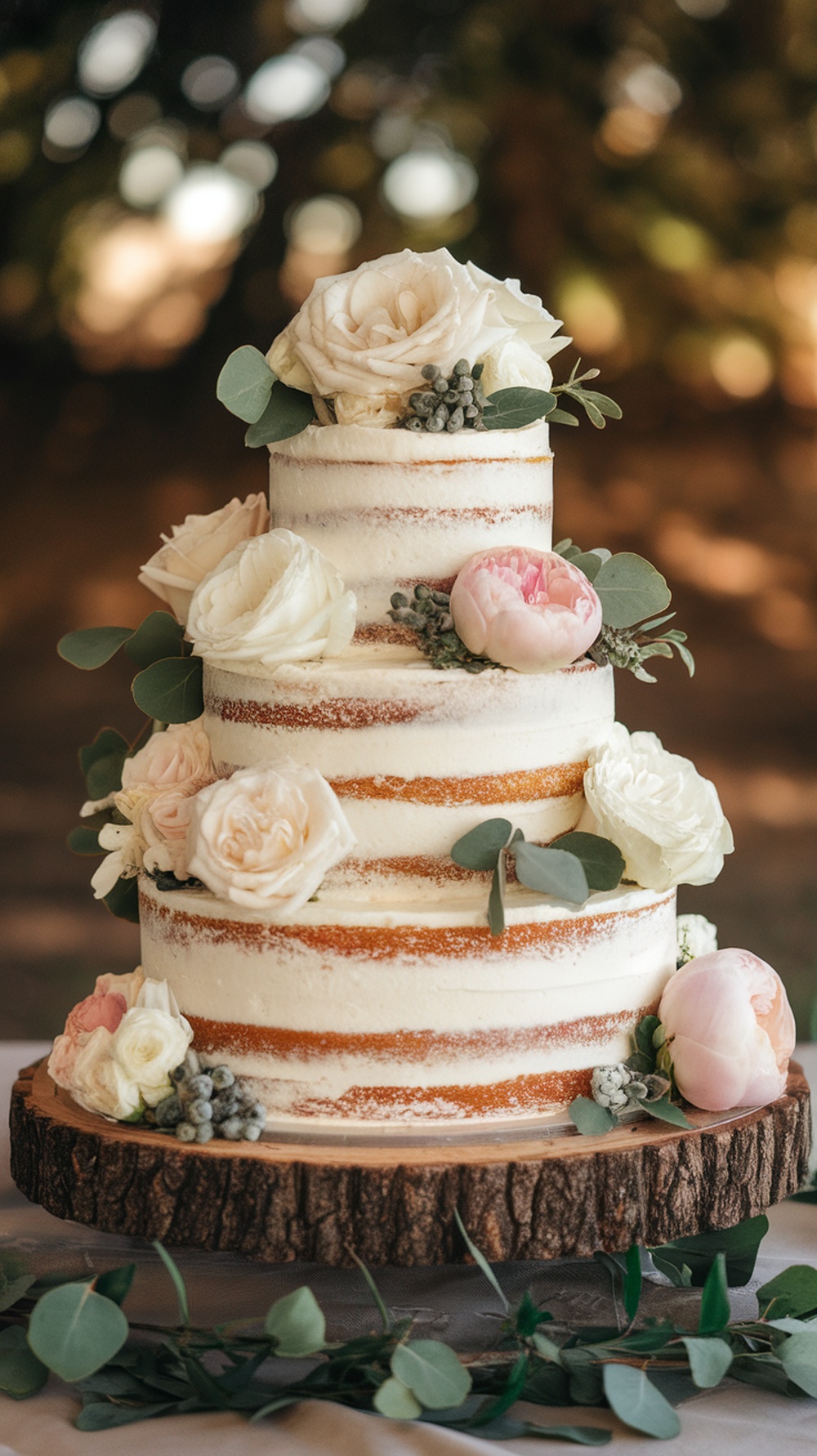 A beautiful naked wedding cake decorated with fresh flowers and greenery on a rustic wooden stand.